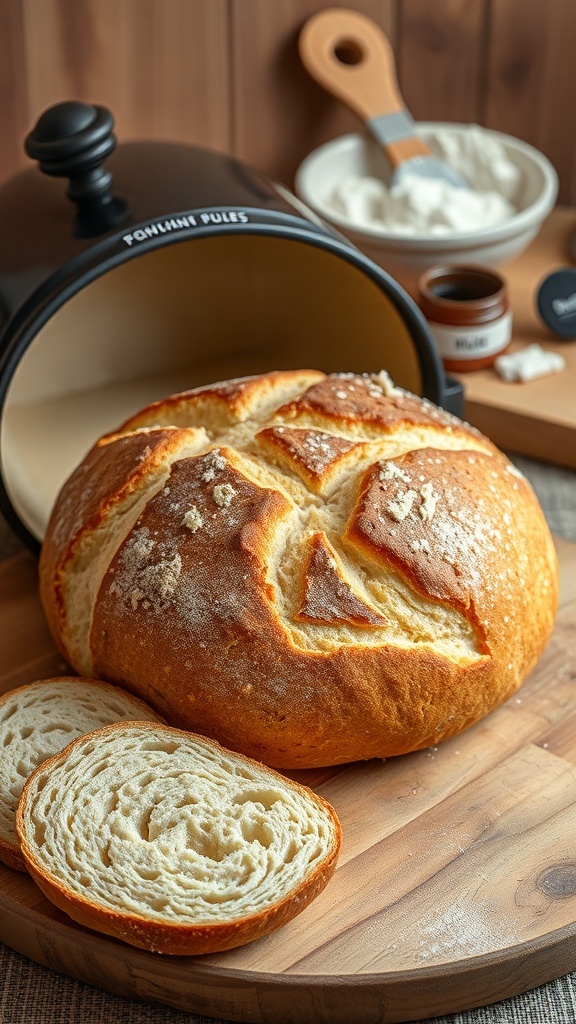 A golden-brown loaf of bread from a Dutch oven, sliced to show the fluffy interior, on a wooden board.